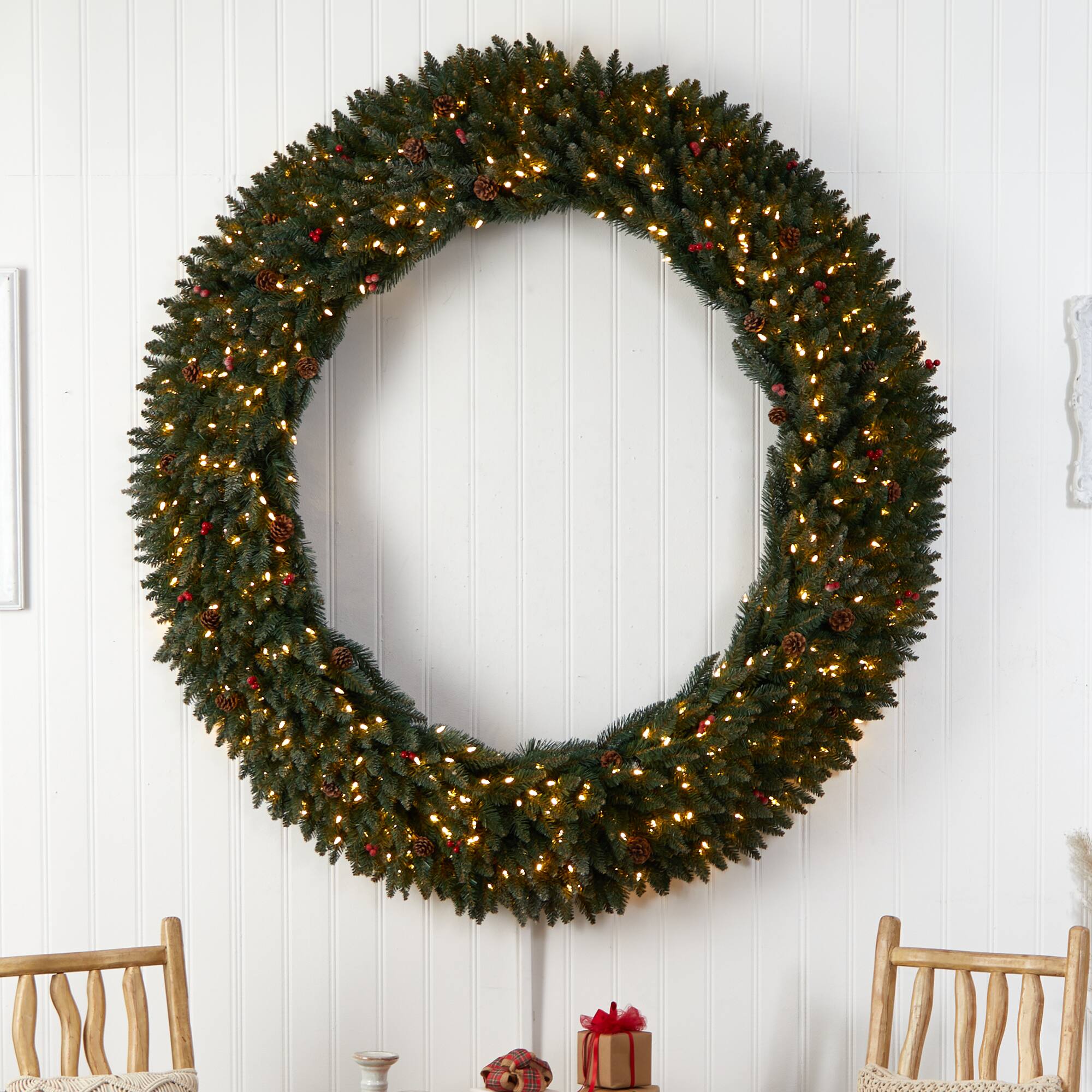 6ft. Clear LED Lights Flocked Artificial Christmas Wreath With Pinecones & Berries